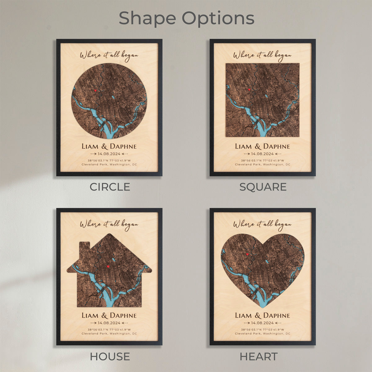Custom 3D wooden location map available in heart, circle, square and house shapes