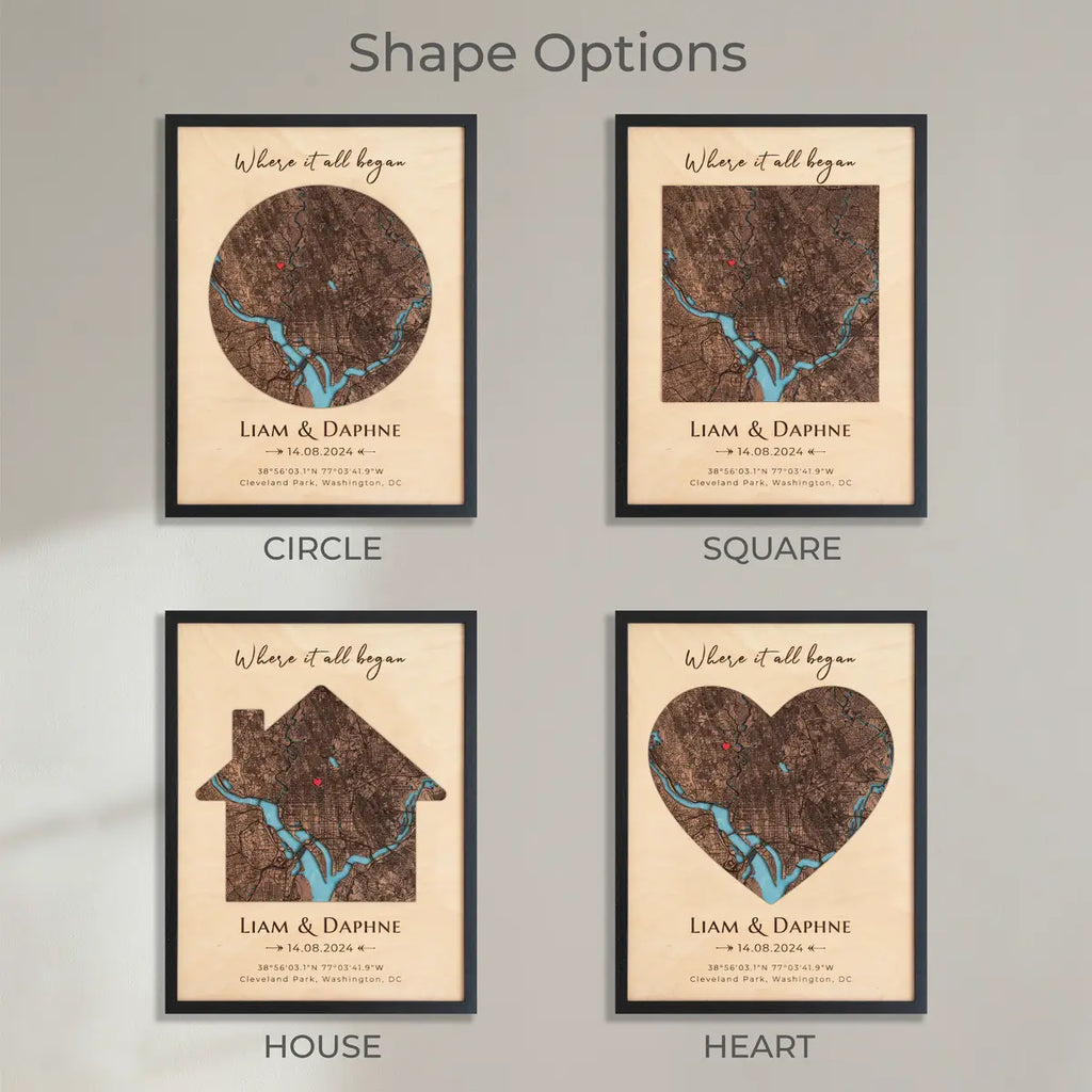 Four map-themed with different shapes on a gray background