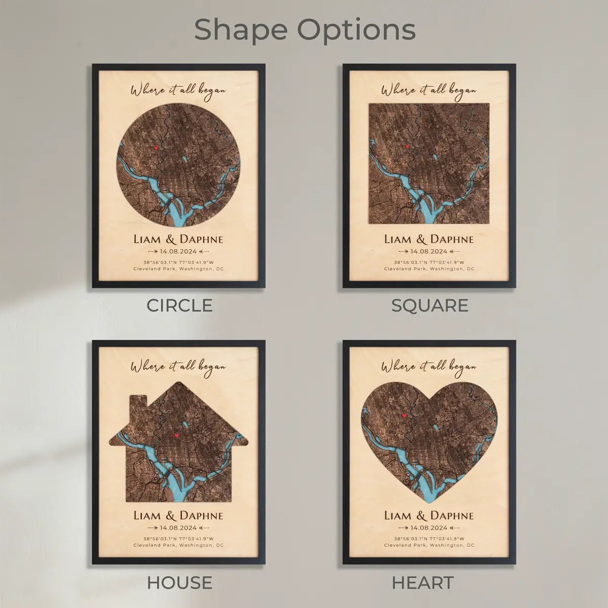 Four map-themed with different shapes on a gray background