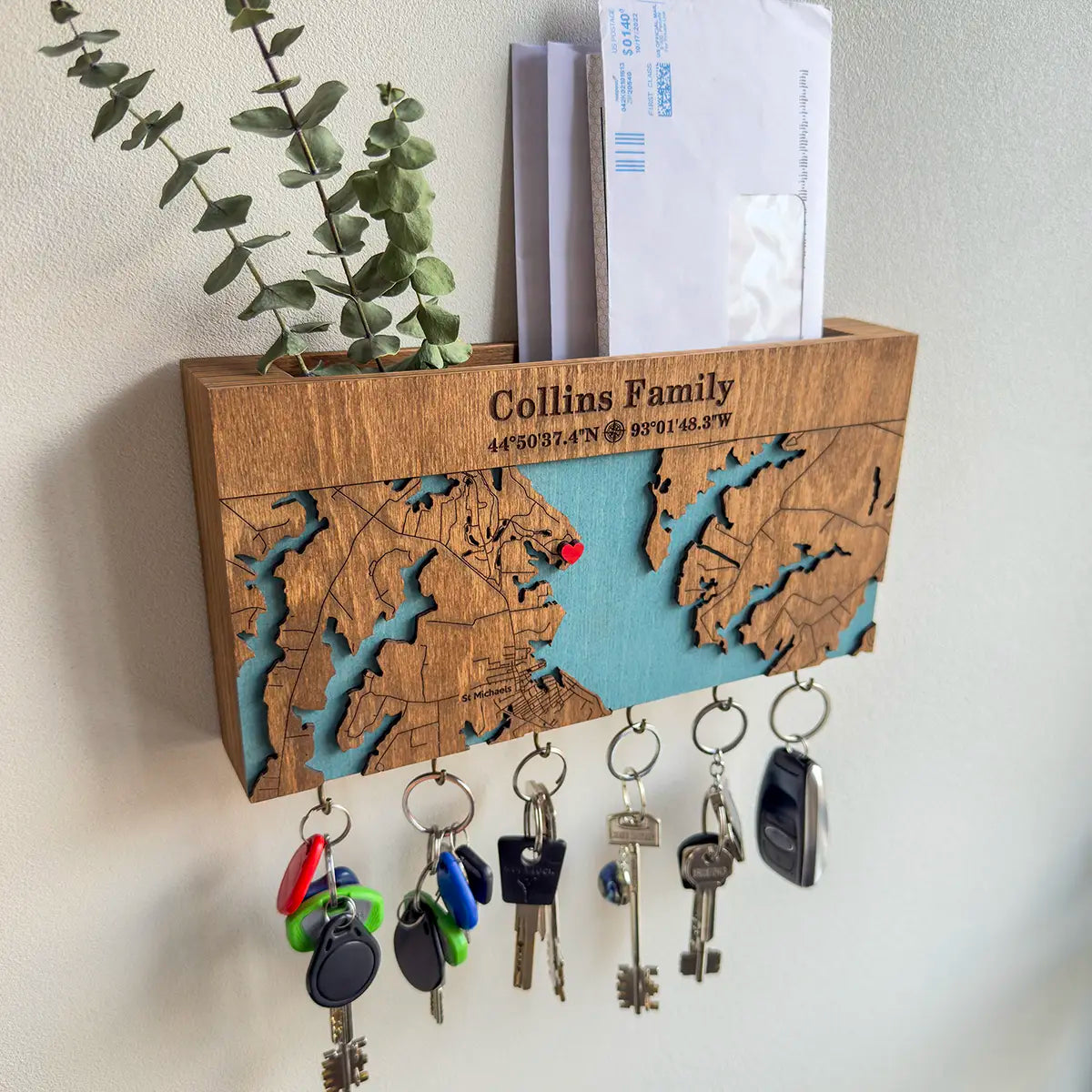Custom wall key holder with shelf and hooks, personalized wooden map key rack for organizing keys in entryway