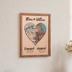 Wedding anniversary heart map displayed on a wall with personalized names, engagement date, wedding date, and custom locations.
