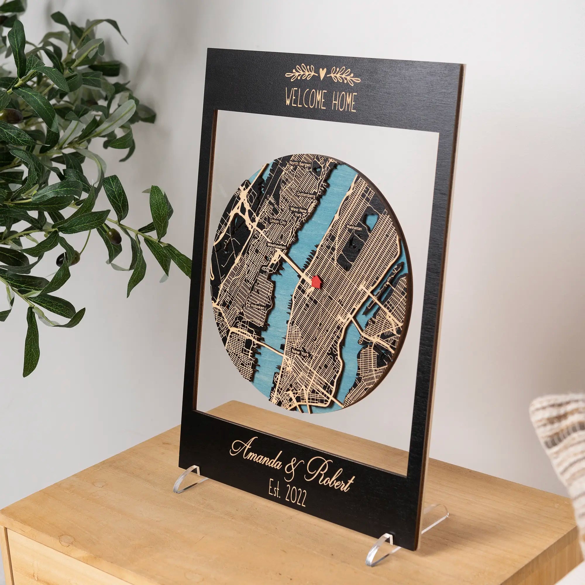 Personalized welcome home map in black frame with custom city layout for new homeowners