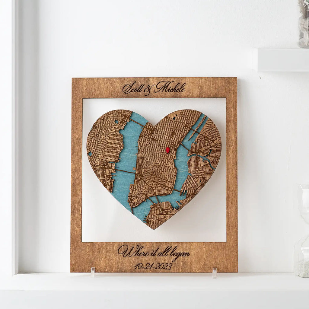 Custom Where It All Began wooden map with names and date featuring New York location