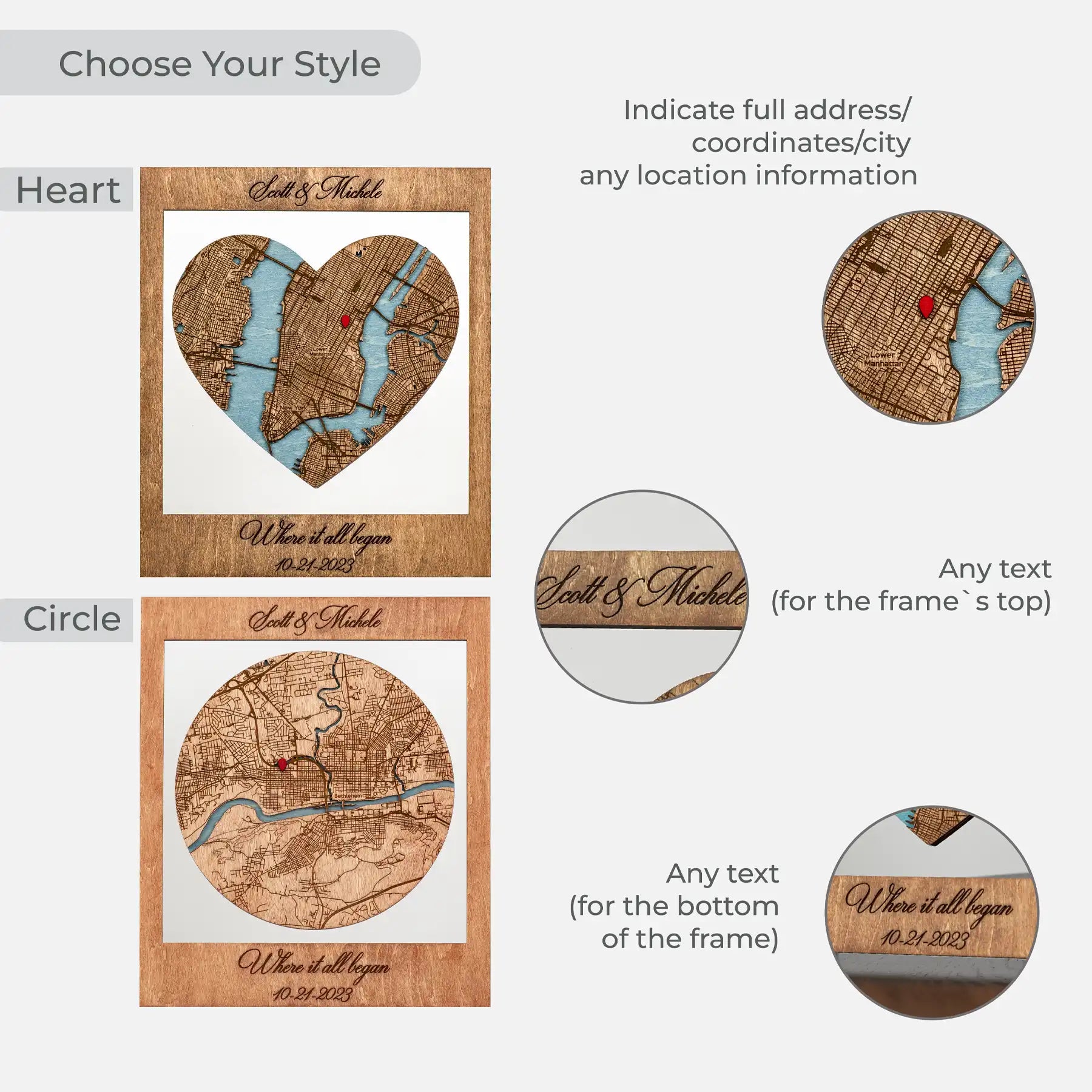 Personalized Where It All Began map customization guide showing heart and circle styles with custom text options