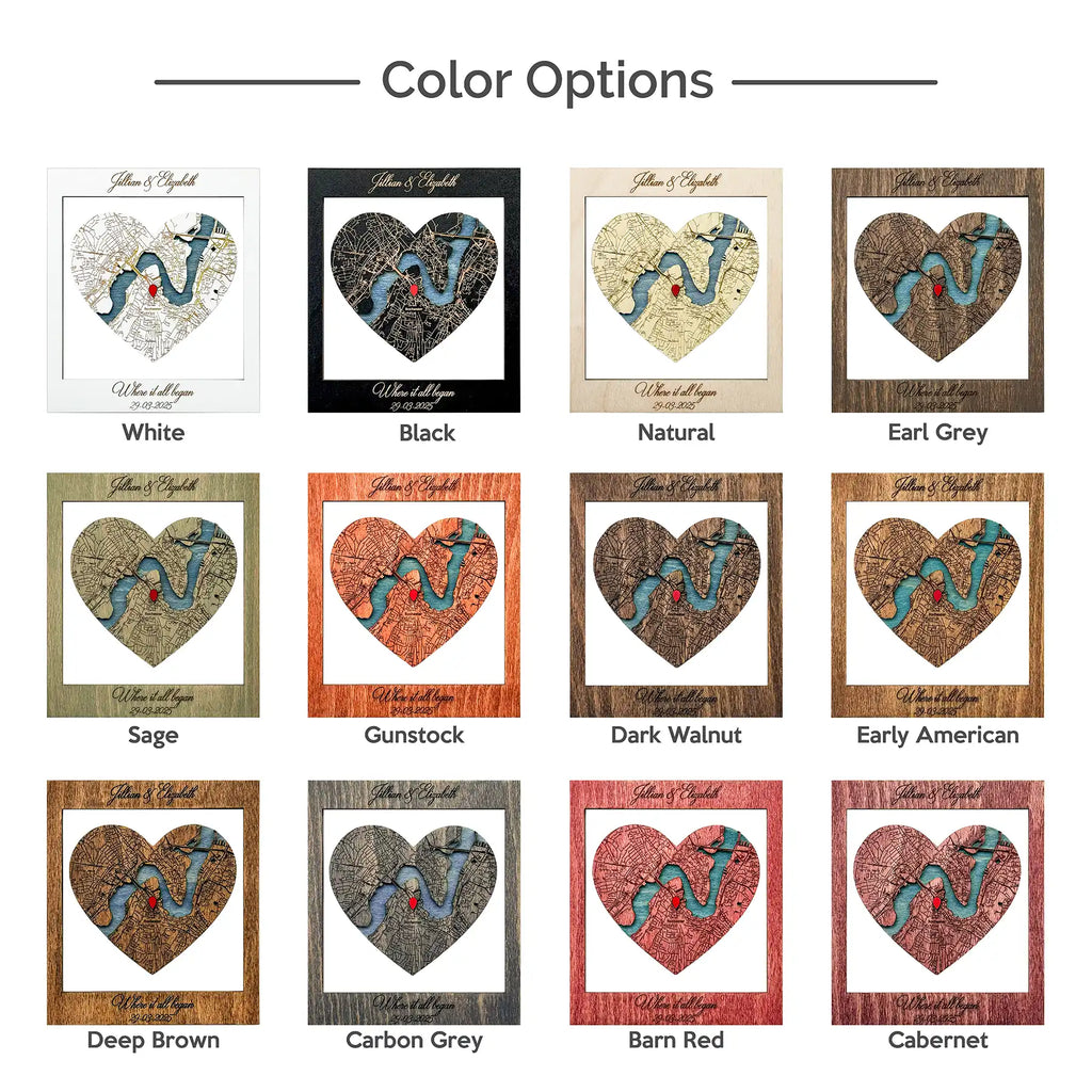Color options for personalized Where It All Began wooden map including white black natural sage walnut and red tones