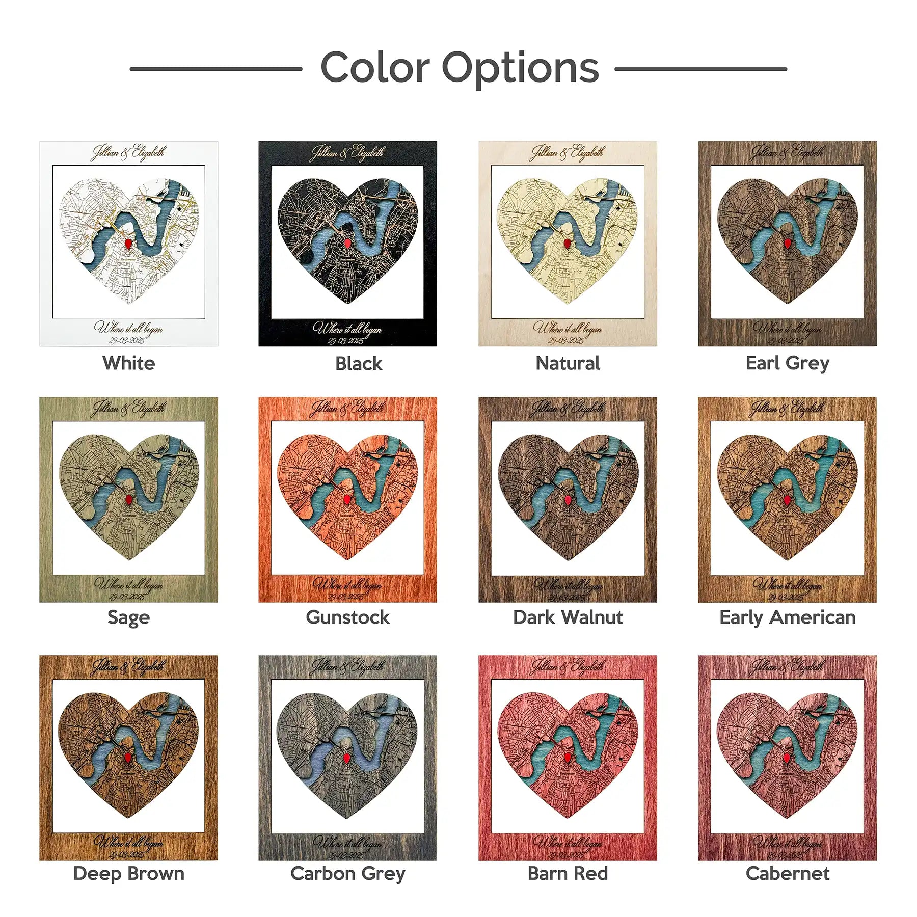 Color options for personalized Where It All Began wooden map including white black natural sage walnut and red tones