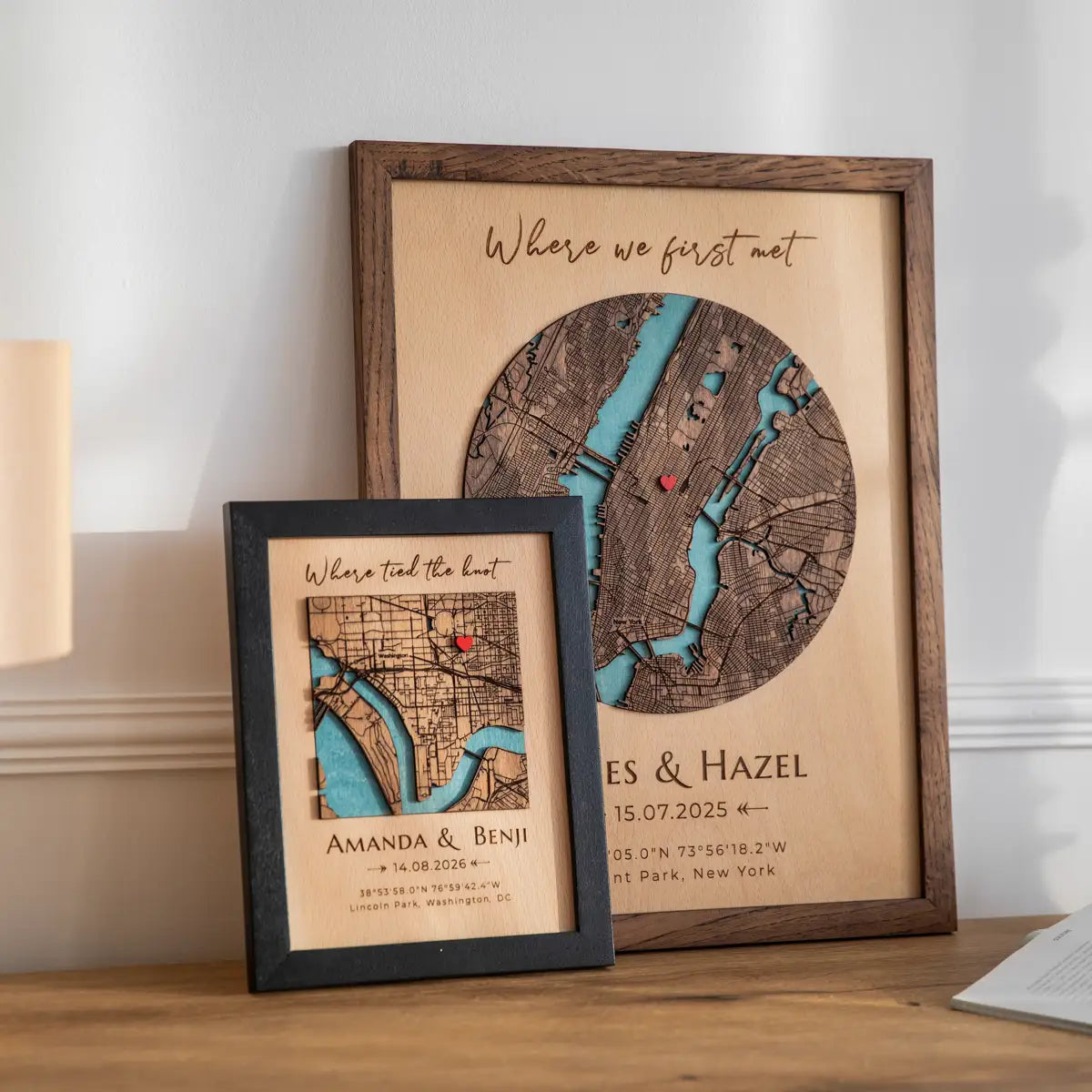 Personalized Where We First Met map displayed with smaller custom framed map for size comparison