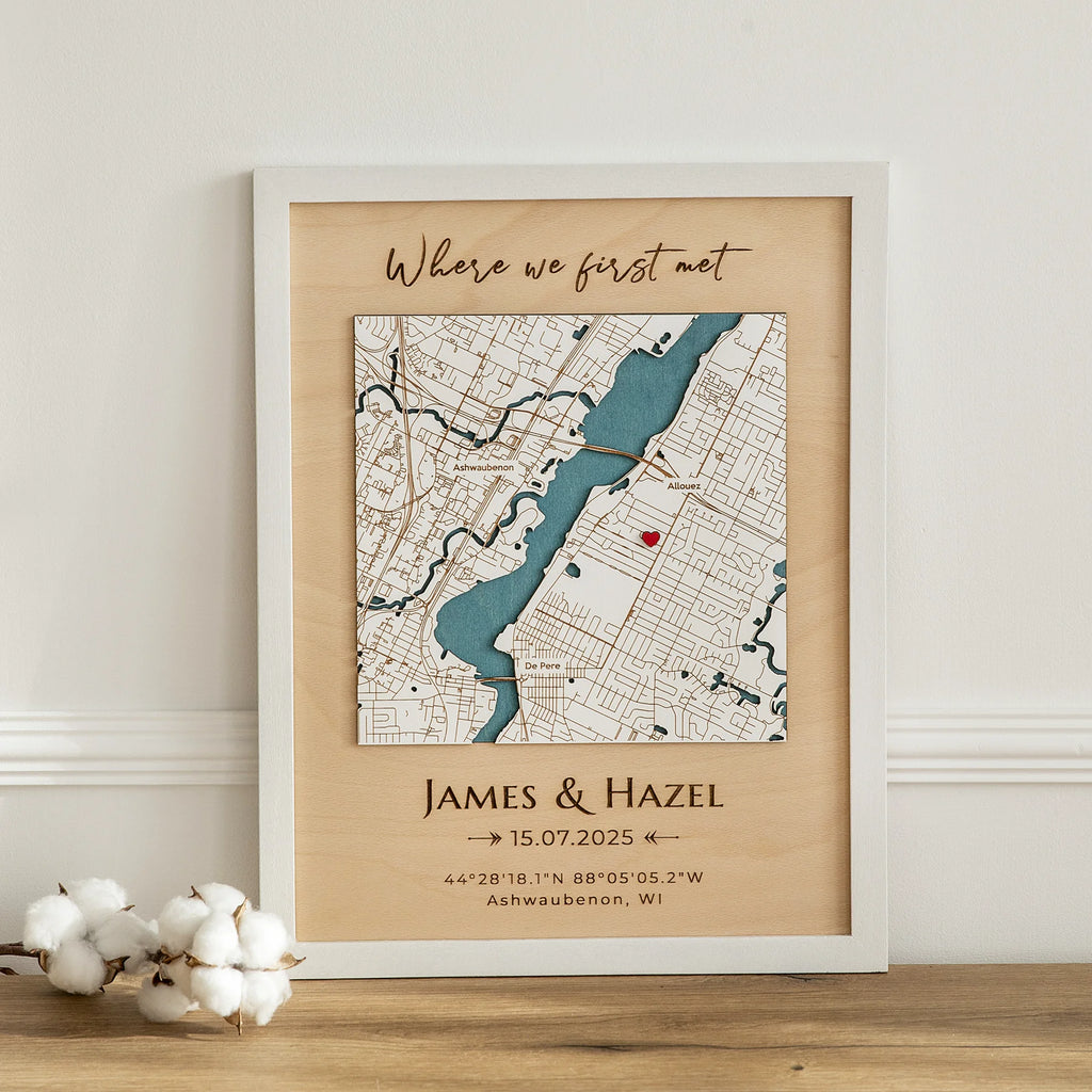 Personalized Where We First Met map in white frame with custom location names and date