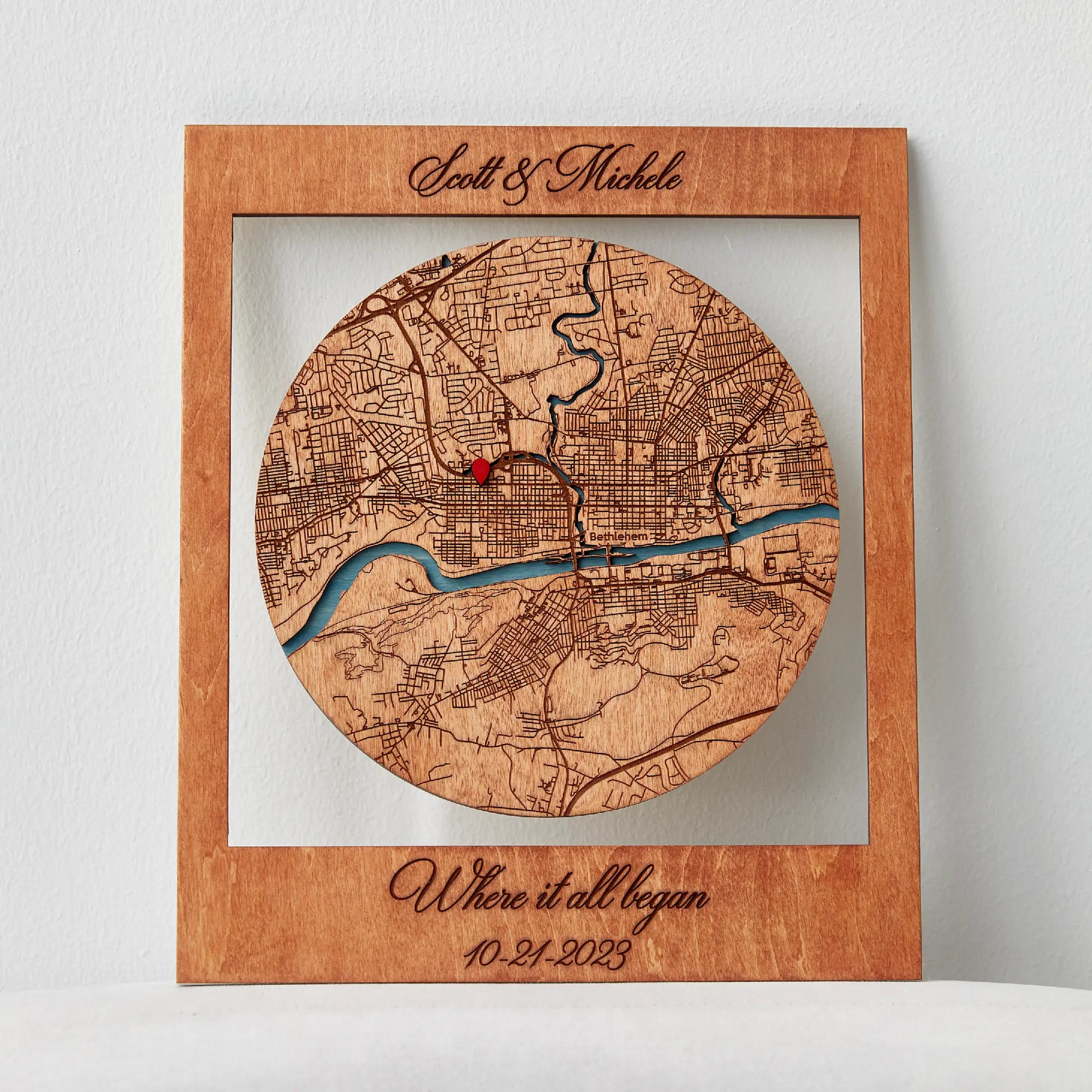 Where We Met map gift for couples in circle design displayed on table as custom city map decor