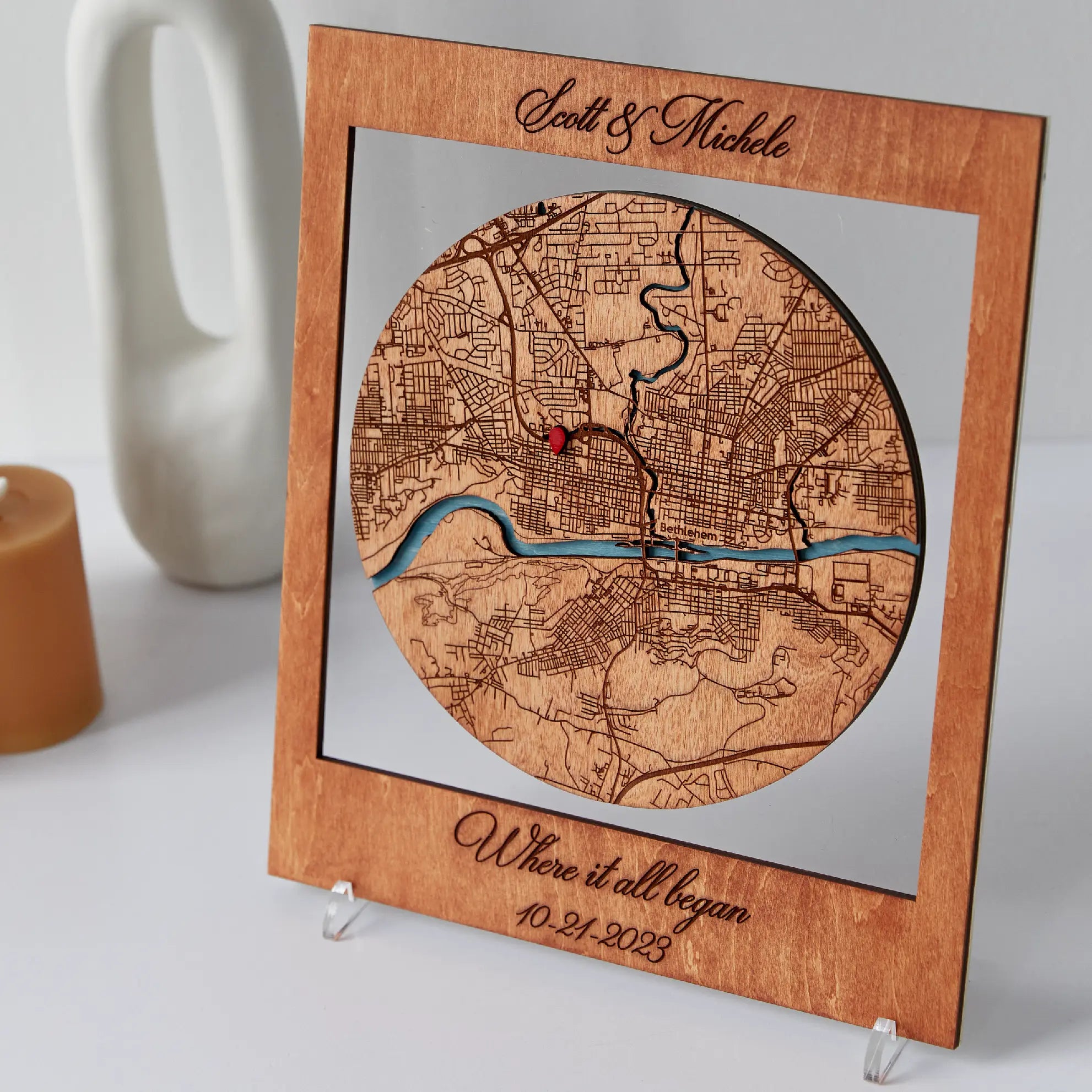 Where We Met map gift for couples in wooden frame with personalized custom city map