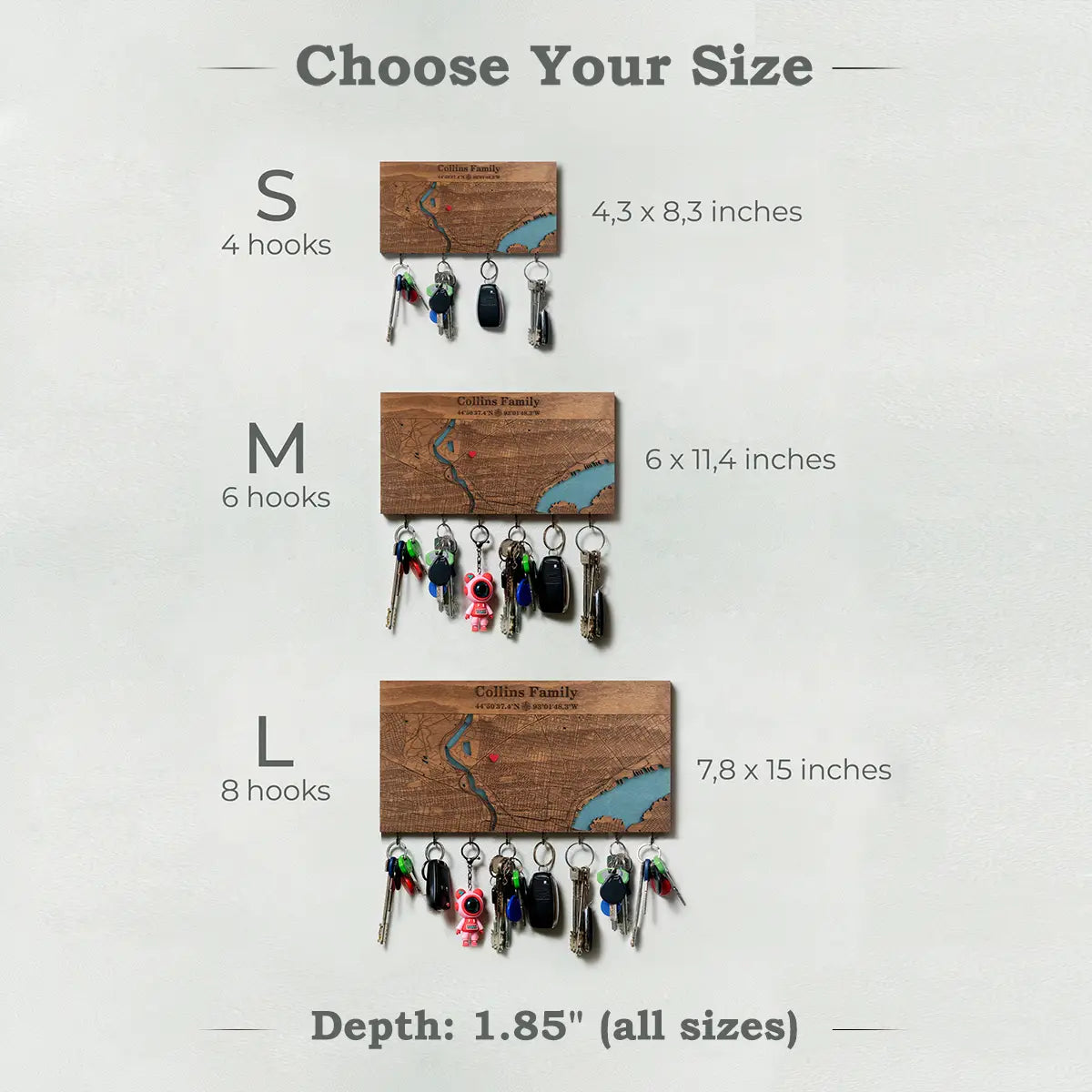 Personalized key holder with shelf size guide showing small medium and large options with hook counts