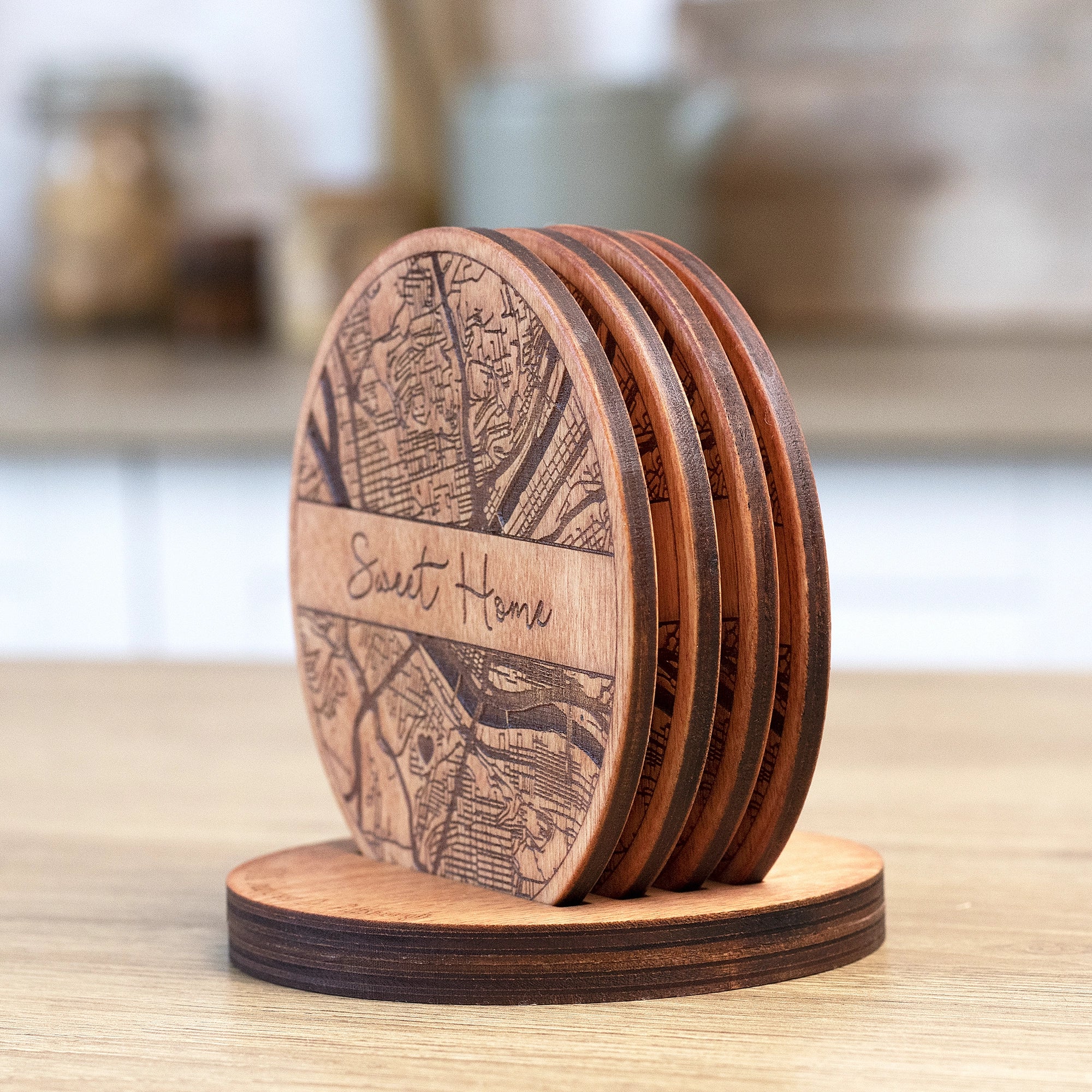 Personalized engraved wooden coasters with map design in holder, custom wooden coaster set for housewarming gift