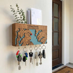 Personalized wooden key holder with shelf and custom city map engraving, wall mounted key rack with hooks for entryway organization