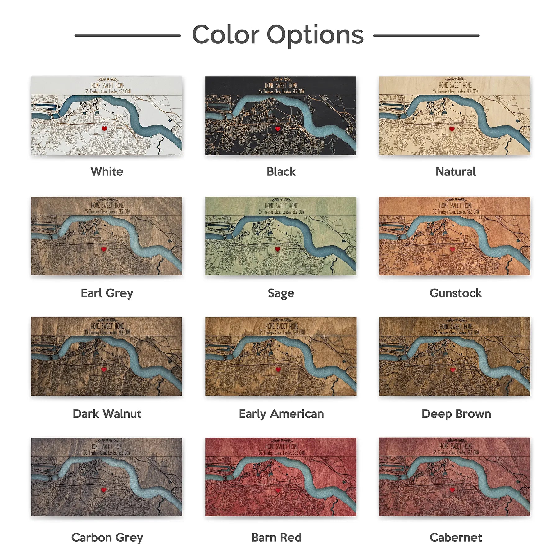 Color options for wooden key holder for wall with personalized map design