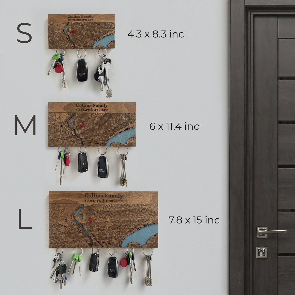 Size options for wooden key holder for wall showing small medium and large versions