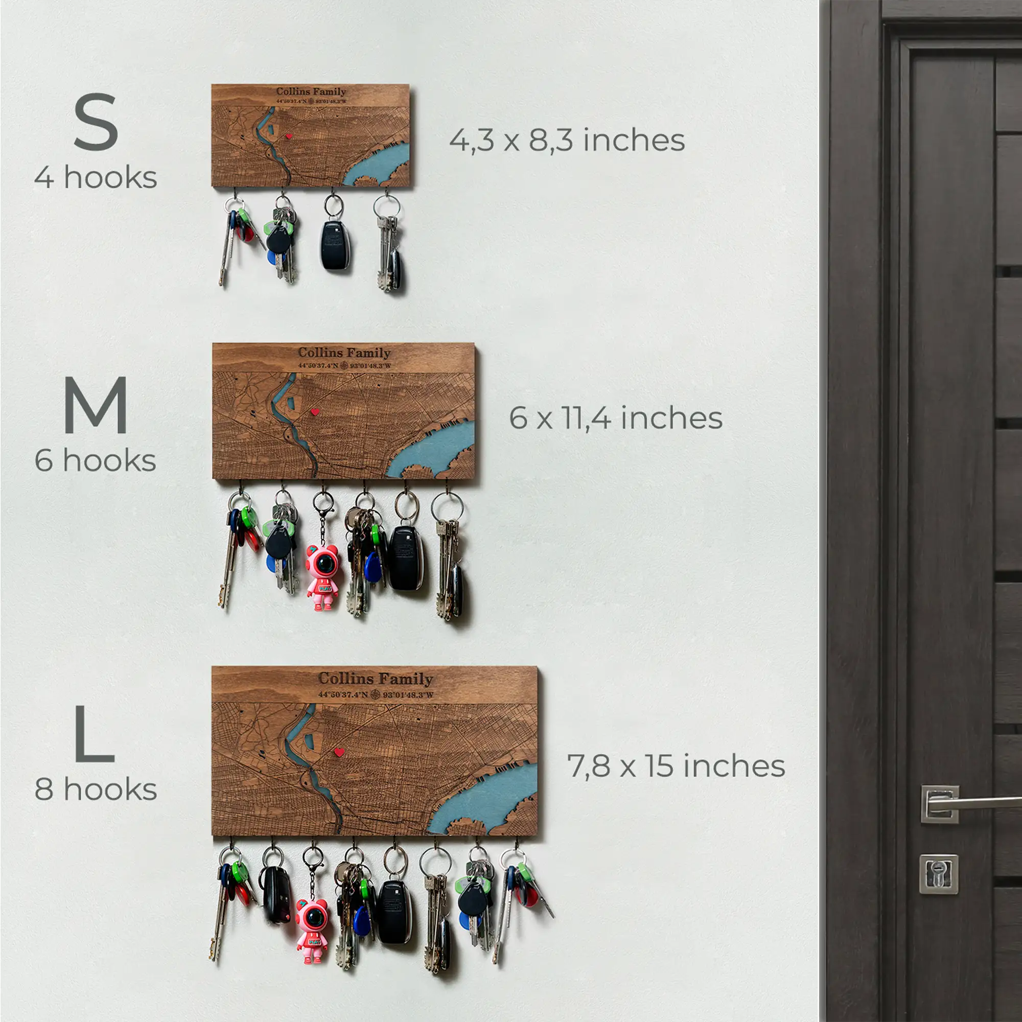 Size chart for wall mounted wooden key holder with hooks showing S M and L options with hook count
