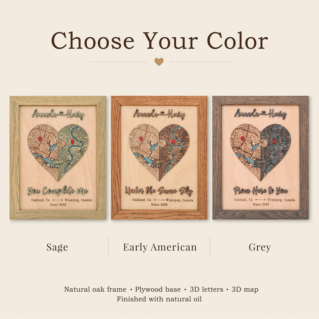 Wooden love story map color options in Sage, Early American, and Grey with oak frame and raised lettering
