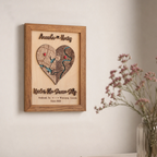 Wooden love story map in Early American frame displayed on a wall, personalized with two custom locations and raised 3D text.